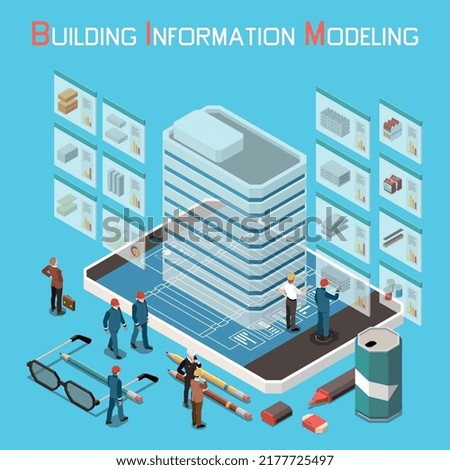 Building information modeling concept isometric background with modern building standing on smartphone screen 3d vector illustration
