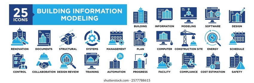 Building Information Modeling icon collection set. Containing design, information, development, construction, technology, and more. Solid vector icons collection.	