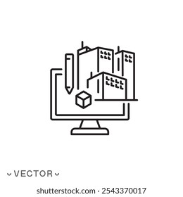 ícone de modelagem de informações de construção, tecnologia de gerenciamento de construção, processo de arquitetura de desenvolvimento, símbolo de linha fina isolado no fundo branco, traço editável eps 10 ilustração vetorial