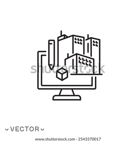 building information modeling icon, construction management technology, development architecture process, thin line symbol isolated on white background, editable stroke eps 10 vector illustration