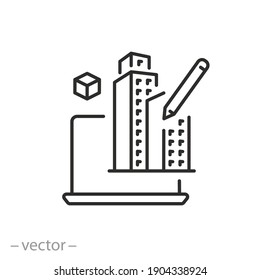 Building Information Modeling Icon, Development Architecture Process, Construction Management Technology, Thin Line Symbol On White Background - Editable Stroke Vector Illustration Eps10