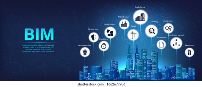 Building Information Modeling vector illustration. BIM concept infographic, with icons and keywords. Building plan, modeling, development, structure plan, supporting software and other. Vector banner