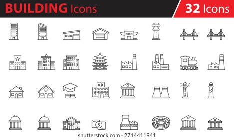 Conjunto de iconos de construcción e infraestructura, rascacielos, fábrica, hospital, escuela, puente, tren, estadio, Lugar famoso, planta de energía, gobierno, iconos de línea de Vector para Web, App, UI, UX, diseño Urbana, arquitectura