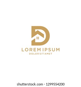Building with Initial Letter D, Golden Real Estate House with D Monogram logo design
