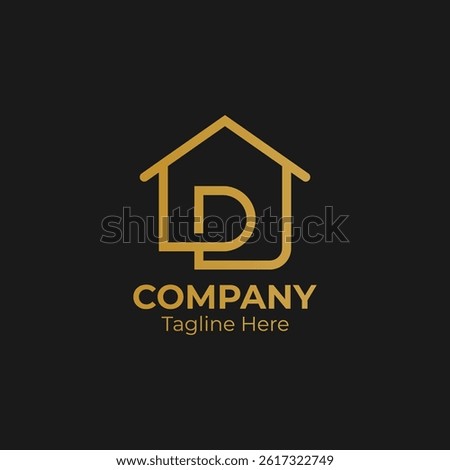 Building with initial letter D. Golden real estate house with D monogram logo design.