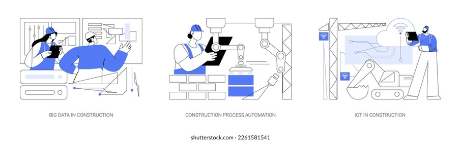 Construcción del conjunto de ilustraciones vectoriales conceptuales abstractas de la innovación. Grandes datos en el sitio de construcción, automatización de procesos de construcción, tecnología inteligente IoT en la metáfora abstracta de ingeniería de arquitectura.