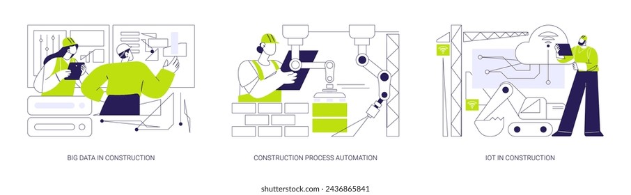 Gebäude Innovation abstrakte Konzept Vektor Illustration Set. Big Data in der Baustelle, Gebäudeprozessautomatisierung, IoT Smart Technology in der Architekturtechnik Abstrakte Metapher.