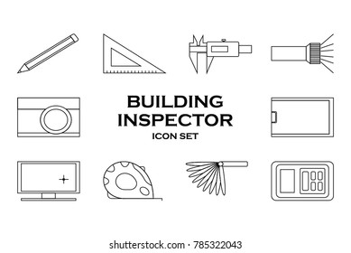 Building Inspector icon set with pen, ruler, caliper, flashlight, photo camera, planchette, computer with opened drawing program, measuring tape, gauge filler and laser tape measure icons isolated.