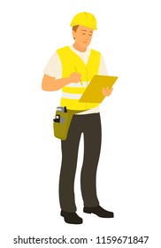 Building inspector man finished house check and writing house condition report. Male caucasian build inspection professional full length vector flat character illustration isolated on white background