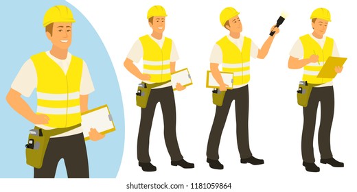 Building inspector man poses set for infographics or advertisement. Male caucasian building inspection professional. Set of full length vector flat characters isolated on white background