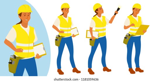 Building inspector woman poses set for infographics or advertisement. Female hispanic building inspection professional. Set of full length vector flat characters isolated on white background