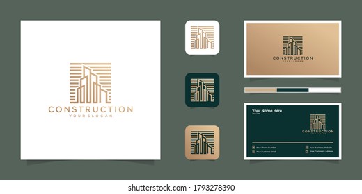 Building inspirational with line art style Premium Vector logo and business card