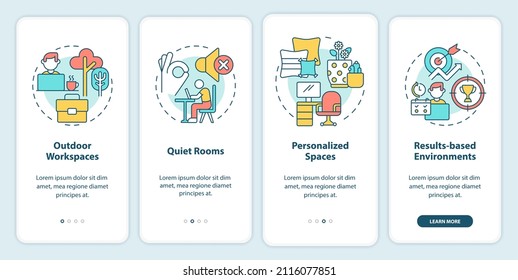 Building inspiring work environment onboarding mobile app screen. Walkthrough 4 steps graphic instructions pages with linear concepts. UI, UX, GUI template. Myriad Pro-Bold, Regular fonts used