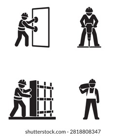 Building Installation Labor Icon Set, Door Fitting Jackhammer Formwork Worker Vector isolated on white background