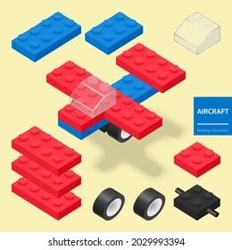 Building instructions for 3d mini Aircraft blocks bricks toy for kid, Airplane toy building for children. Isometric cartoon for education, party, fun game and social media. vector illustration