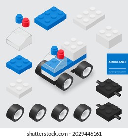 Building instructions for 3d mini Ambulance blocks bricks toy for kid, Car toy building for children. Isometric cartoon for education, party, fun game and social media. vector illustration