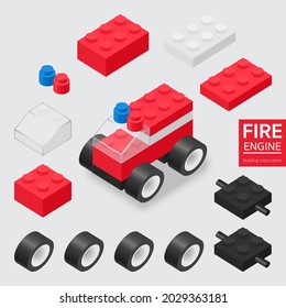 Building instructions for 3d mini Fire Engine blocks bricks toy for kid, Car toy building for children. Isometric cartoon for education, party, fun game and social media. vector illustration
