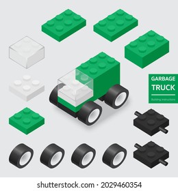 Building instructions for 3d mini the Garbage truck blocks bricks toy for kid, Car toy building for children. Isometric cartoon for education, party, fun game and social media. vector illustration
