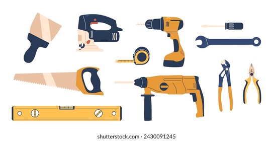 Building Instruments Isolated Icons Set. Wrench, Screwdriver, Level And Saw. Drill, Spatula, Measuring Tape Or Pliers