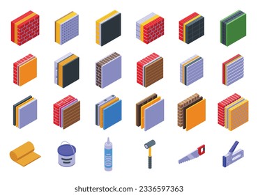 Gebäudeisolationssymbole setzen isometrische Vektorgrafik. Wolle. Hausmauer