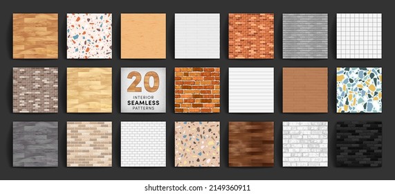 Montaje de materiales de construcción y decoración interior. Paredes de ladrillo vectorial, paneles de pared de madera, parqué y laminado, superficie textil de piedra de terrazo, baldosas de cerámica, motivos de roca sin costura