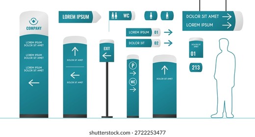 Conjunto de señalización interior del edificio aislado en blanco. Vector ilustración realista de la colección de maquetas de signo de directorio con flechas, tótem 3D, pilón, indicador de dirección, tablero de publicidad, soporte de información