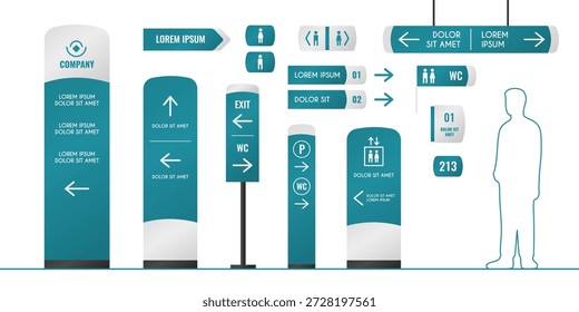 Building interior signage set isolated on white. Vector realistic illustration of directory sign mockups collection with arrows, 3d totem, pylon, direction indicator, advertising board, info stand