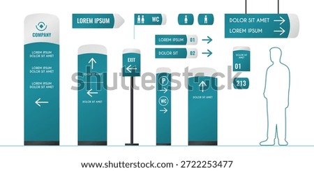Building interior signage set isolated on white. Vector realistic illustration of directory sign mockups collection with arrows, 3d totem, pylon, direction indicator, advertising board, info stand