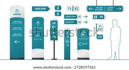 Building interior signage set isolated on white. Vector realistic illustration of directory sign mockups collection with arrows, 3d totem, pylon, direction indicator, advertising board, info stand