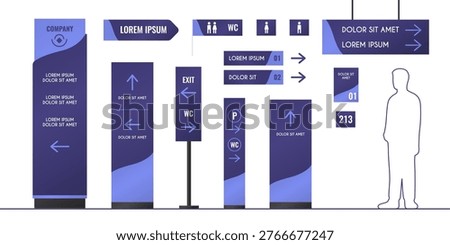 Building interior signage set isolated on white. Vector realistic illustration of directory sign mockups collection with arrows, 3d totem, pylon, direction indicator, advertising board, info stand