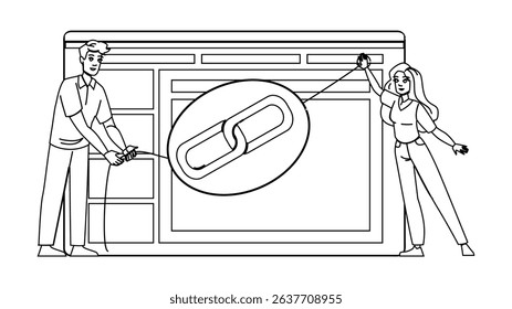 building internal linking vector. web nofollow, backlink content, hyperlink txt building internal linking character. people black line pencil drawing illustration