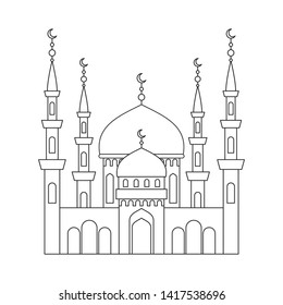 The building of an Islamic mosque in the style of line art. Temple on an isolated white background. Vector illustration