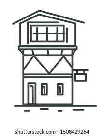Building isolated linear icon, hotel or motel isolated suburban construction vector. Travel accommodations, sideroad house, room booking or flat rent. Traveling and tourism, town architecture