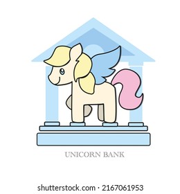 Unicorn Bank building isolated on white background. Written Unicorn Bank. Vector illustration. Flat style.