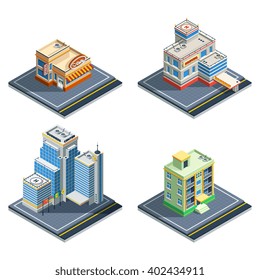 Building isometric isolated icon set with four types of ordinary city structures vector illustration