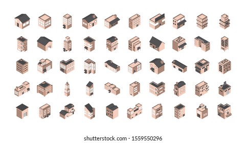 building isometric style icons set vector illustration