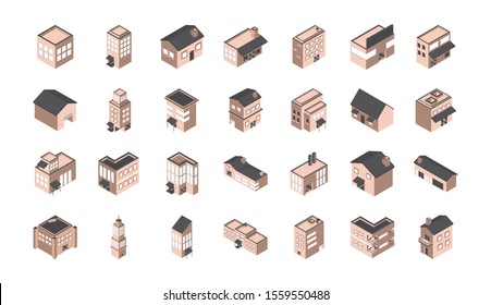 building isometric style icons set vector illustration