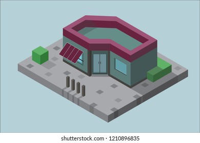 The building in isometric view with the vegetation on the concrete