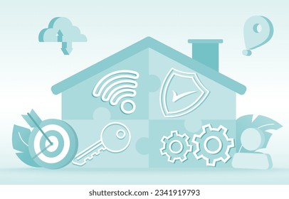Building jigsaw puzzle house, constructing home. Protection, security, creative. Flat vector design illustration.