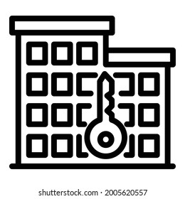 Building and key icon. Outline building and key vector icon for web design isolated on white background