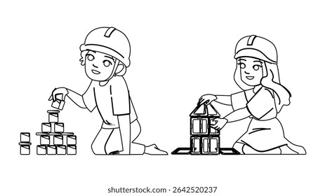 construtor de crianças vetor. trabalhador engenheiro, segurança do menino, trabalho profissional construindo criança construtor personagem. pessoas linha preta lápis desenho ilustração