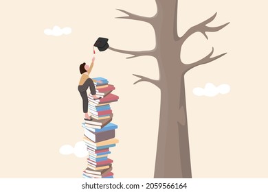Building knowledge and skill for success opportunity and career growth, help create self-motivation and creativity, graduated woman climb stack of book and try reaching out mortarboard hanging on tree