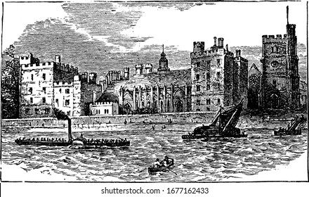 Building of Lambeth Palace across the river, it was the London residence of the Archbishop of Canterbury. Built in the seventeenth century, vintage line drawing or engraving illustration.