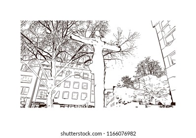 Building with landmark of Aachen City in Germany. Hand drawn sketch illustration in vector.