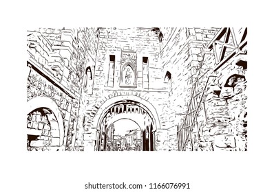 Building with landmark of Aachen City in Germany. Hand drawn sketch illustration in vector.