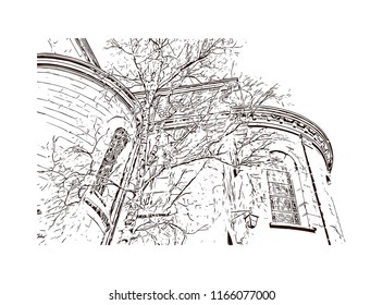 Building with landmark of Aachen City in Germany. Hand drawn sketch illustration in vector.