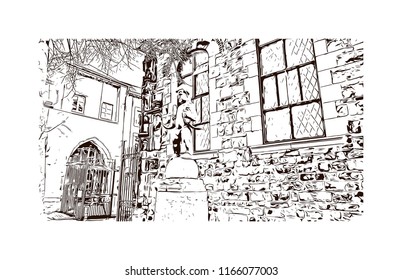 Building with landmark of Aachen City in Germany. Hand drawn sketch illustration in vector.