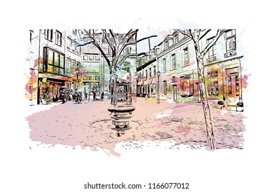 Building with landmark of Aachen City in Germany. Watercolor splash with Hand drawn sketch illustration in vector.