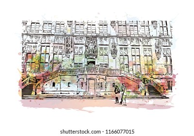 Building with landmark of Aachen City in Germany. Watercolor splash with Hand drawn sketch illustration in vector.