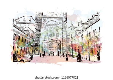 Building with landmark of Aachen City in Germany. Watercolor splash with Hand drawn sketch illustration in vector.